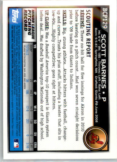 Scott Barnes - 2010 Bowman Chrome - #BCP129 - AUTO Prospects Baseball - Image 2