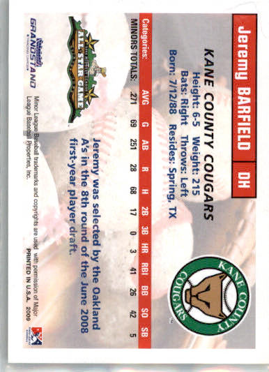 Jeremy Barfield - 2009 Grandstand Midwest League All-Stars - #NNO - AUTO - Image 2