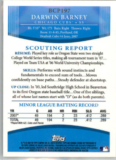 Darwin Barney - 2008 Bowman Chrome - #BCP197 - AUTO Prospects Baseball - Image 2