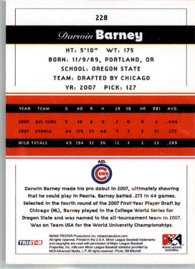 Darwin Barney - 2008 TriStar PROjections - #228 - AUTO Baseball - Image 2