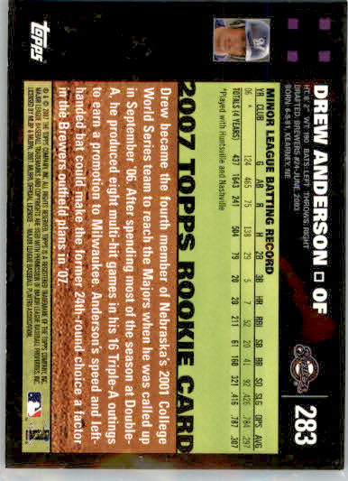 Drew Anderson - 2007 Topps - #283 - RC,AUTO Baseball - Image 2