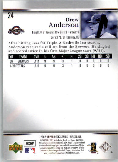 Drew Anderson - 2007 Upper Deck - #24 - RC,AUTO Baseball - Image 2