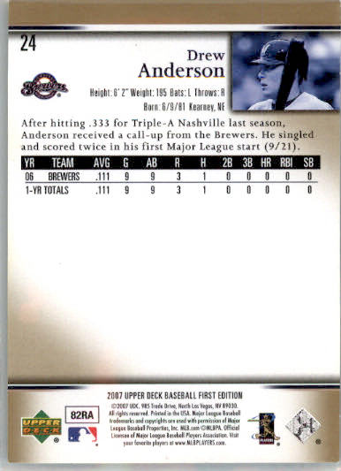 Drew Anderson - 2007 Upper Deck First Edition - #24 - RC,AUTO Baseball - Image 2