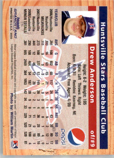 Drew Anderson - 2009 Grandstand Huntsville Stars - #NNO - AUTO Baseball - Image 2