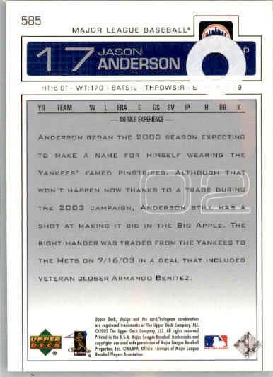 Jason Anderson - 2004 Upper Deck - #585 - AUTO 2003 Upper Deck Update Baseball - Image 2