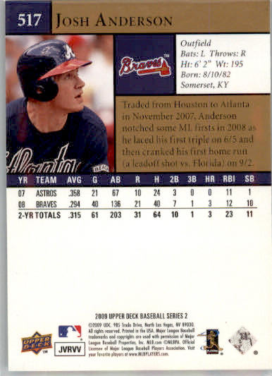 Josh Anderson - 2009 Upper Deck - #517 - AUTO Baseball - Image 2