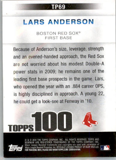 Lars Anderson - 2010 Bowman - #TP69 - AUTO Topps 100 Prospects Baseball - Image 2