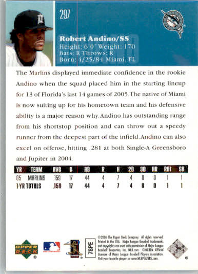 Robert Andino - 2006 Upper Deck - #297 - RC,AUTO Baseball - Image 2