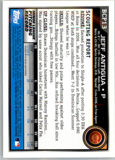 Jeff Antigua - 2010 Bowman - #BCP13 - AUTO Chrome Prospects Baseball - Image 2