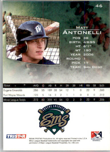 Matt Antonelli - 2006 TriStar Prospects Plus - #46 - AUTO Baseball - Image 2