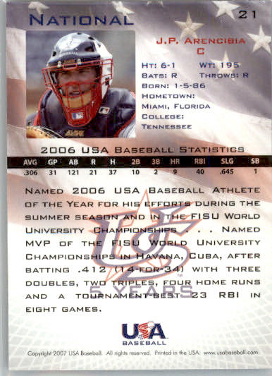 J.P. Arencibia - 2006-07 USA Baseball Box Set - #21 - AUTO Baseball - Image 2