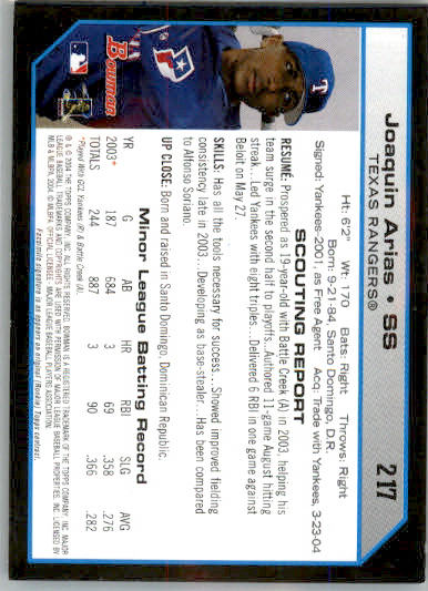 Joaquin Arias - 2004 Bowman - #217 - RC,AUTO Baseball - Image 2