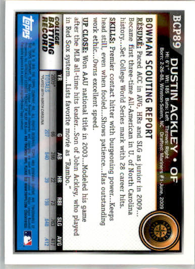 Dustin Ackley - 2010 Bowman - #BCP89 - AUTO Chrome Prospects Baseball - Image 2