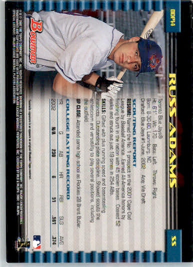 Russ Adams - 2002 Bowman Draft Picks & Prospects - #BDP14 - RC,AUTO Baseball - Image 2