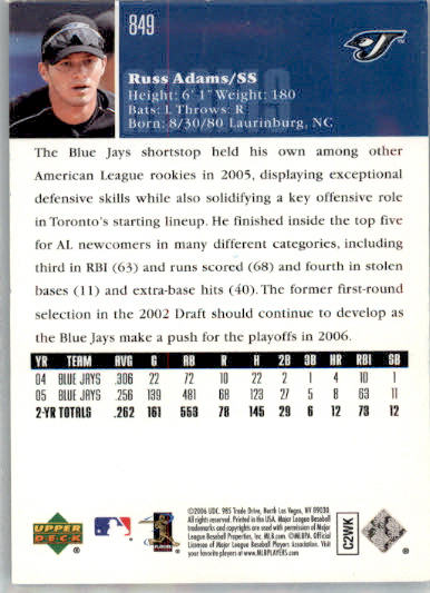Russ Adams - 2006 Upper Deck - #849 - AUTO Baseball - Image 2