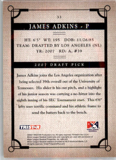 James Adkins - 2007 TriStar Prospects Plus - #33 - AUTO Baseball - Image 2