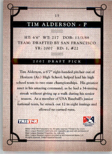 Tim Alderson - 2007 TriStar Prospects Plus - #15 - AUTO Baseball - Image 2