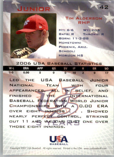 Tim Alderson - 2006-07 USA Baseball Box Set - #42 - AUTO Baseball - Image 2