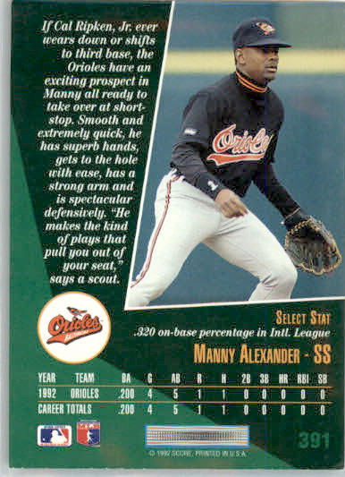 Manny Alexander - 1993 Select - #391 - AUTO Baseball - Image 2