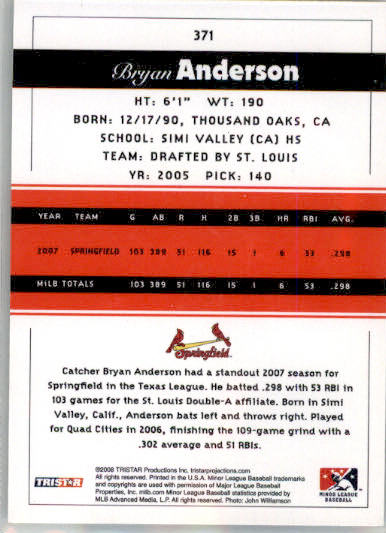 Bryan Anderson - 2008 TriStar PROjections - #371 - AUTO Baseball - Image 2