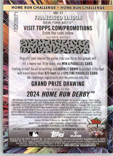 Francisco Lindor - 2023 Topps - #HRC-13 - Home Run Challenge Baseball - Image 2