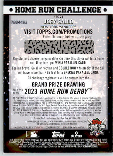 Joey Gallo - 2022 Topps - #HRC-21 - Home Run Challenge Code Cards Baseball - Image 2