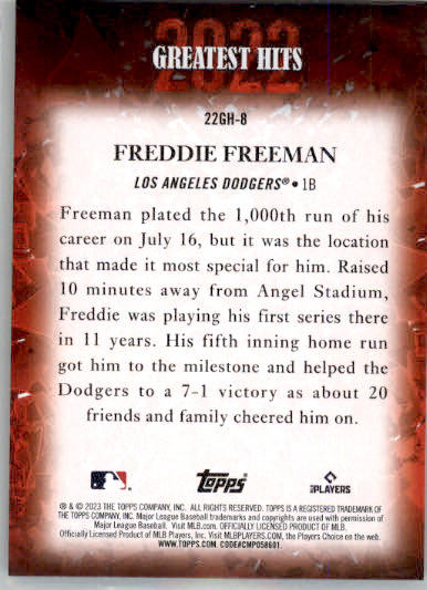 Freddie Freeman - 2023 Topps - #22GH-8 - 2022 Greatest Hits Baseball - Image 2