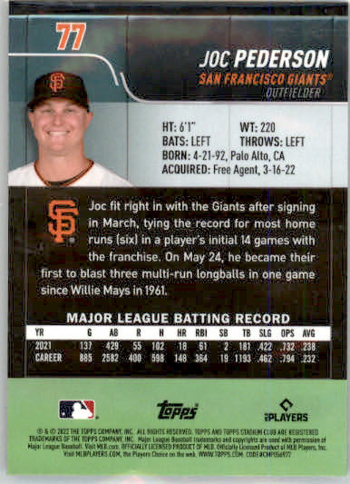 Joc Pederson - 2022 Stadium Club Chrome - #77 - Baseball - Image 2