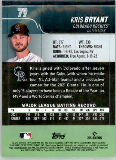 Kris Bryant - 2022 Stadium Club Chrome - #79 - Baseball - Image 2