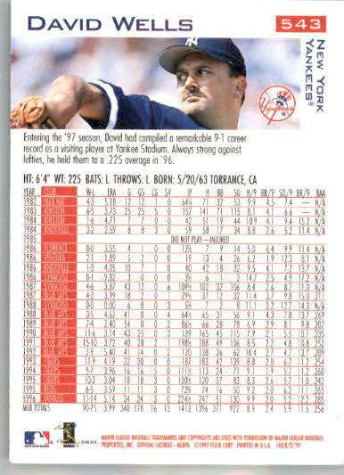 David Wells - 1997 Fleer - #543 - Baseball - Image 2