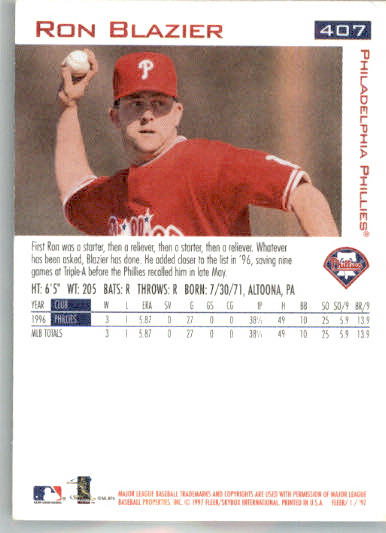Ron Blazier - 1997 Fleer - #407 - Baseball - Image 2