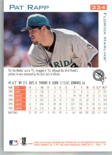 Pat Rapp - 1997 Fleer - #334 - Baseball - Image 2