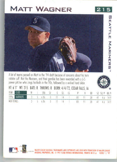 Matt Wagner - 1997 Fleer - #215 - Baseball - Image 2