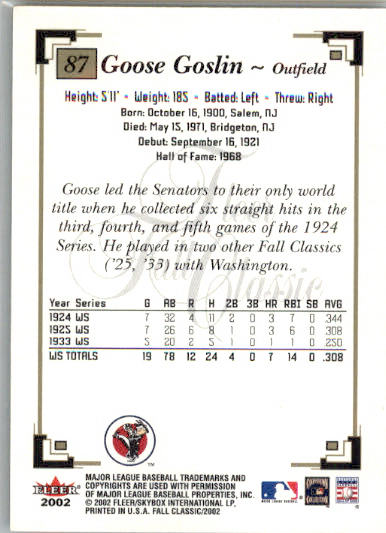 Goose Goslin - 2002 Fleer Fall Classic - #87 - Baseball - Image 2
