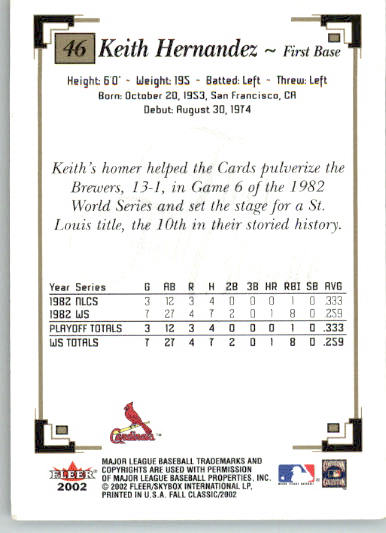 Keith Hernandez - 2002 Fleer Fall Classic - #46b - SP VAR Baseball - Image 2