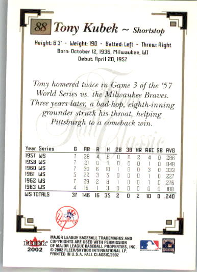 Tony Kubek - 2002 Fleer Fall Classic - #88 - Baseball - Image 2