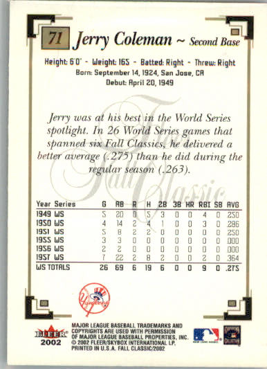 Jerry Coleman - 2002 Fleer Fall Classic - #71 - Baseball - Image 2