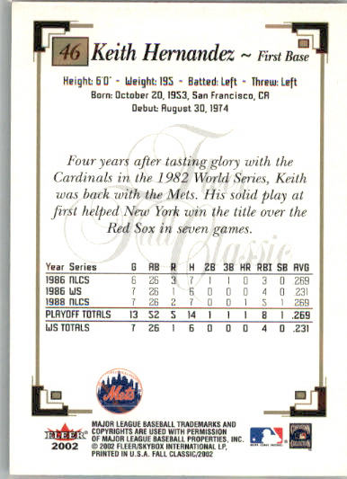 Keith Hernandez - 2002 Fleer Fall Classic - #46 - Baseball - Image 2