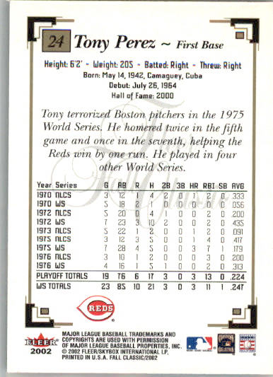 Tony Perez - 2002 Fleer Fall Classic - #24 - Baseball - Image 2