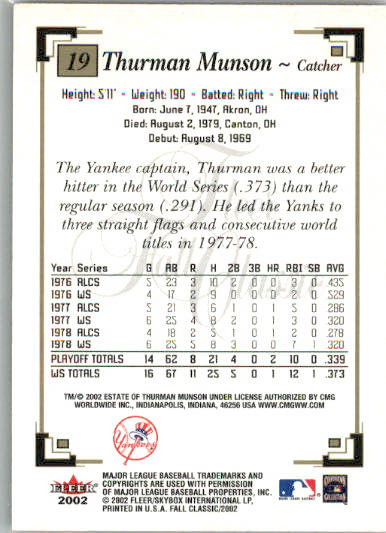 Thurman Munson - 2002 Fleer Fall Classic - #19 - Baseball - Image 2