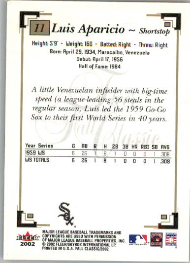 Luis Aparicio - 2002 Fleer Fall Classic - #11 - Baseball - Image 2