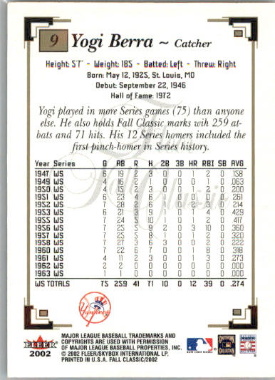 Yogi Berra - 2002 Fleer Fall Classic - #9 - Baseball - Image 2