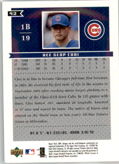 Hee Seop Choi - 2003 Upper Deck MVP - #42 - Baseball - Image 2