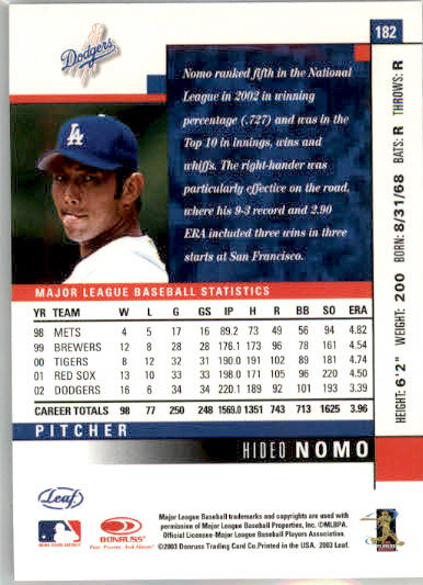 Hideo Nomo - 2003 Leaf - #182 - Baseball - Image 2
