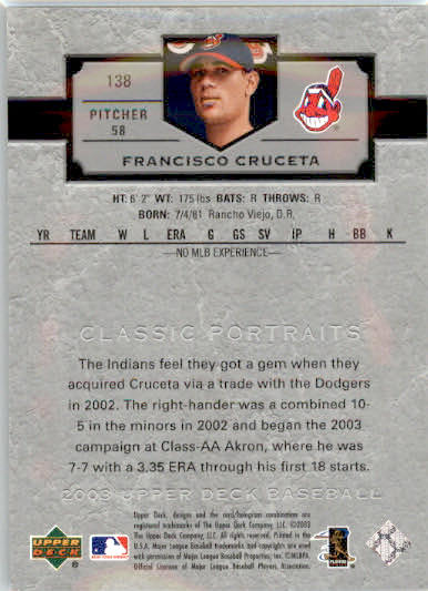 Francisco Cruceta - 2003 Upper Deck Classic Portraits - #138 - RC Baseball - Image 2