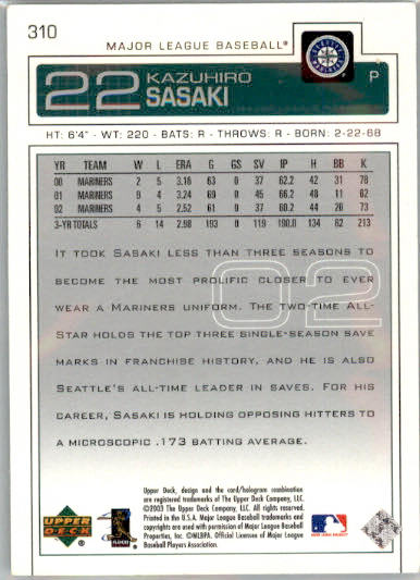 Kazuhiro Sasaki - 2003 Upper Deck - #310 - Baseball - Image 2