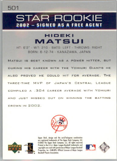Hideki Matsui - 2003 Upper Deck - #501 - RC Baseball - Image 2