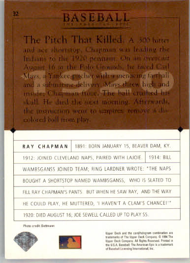 Ray Chapman - 1994 Upper Deck Baseball: The American Epic - #32 - Baseball - Image 2