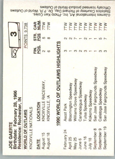 Joe Gaerte - 1990 World of Outlaws - #3 - Racing - Image 2