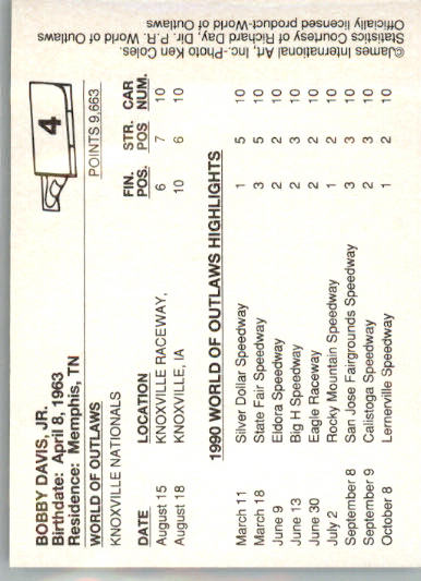 Bobby Davis Jr. - 1990 World of Outlaws - #4 - Racing - Image 2